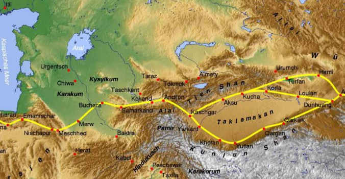 The northern silk road, linking the Tarim basin to central Asia.